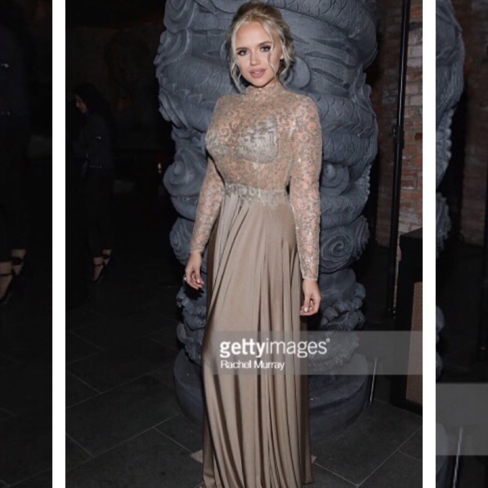Floor length see through tan gown with gold